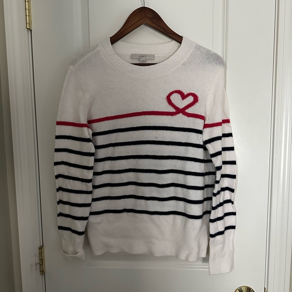 LOFT White and Black Crew Neck Sweater with Heart Detail